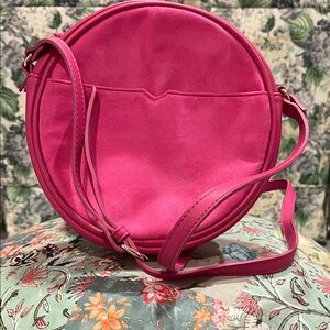 Hot  Pink Round  Crossbody Bag with gold accents faux leather with faux suede